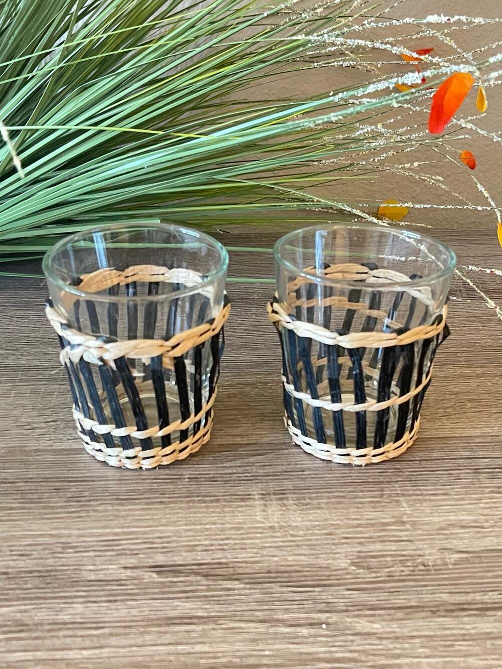 Black & Brown Jute Wicker Whiskey Glass 2 Piece Set 10 oz